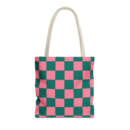Pink and green checkered tote bag with cream handles on a white background