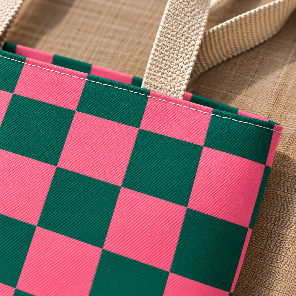 Close-up of the pink and green checkerboard print and cream handle of the tote bag