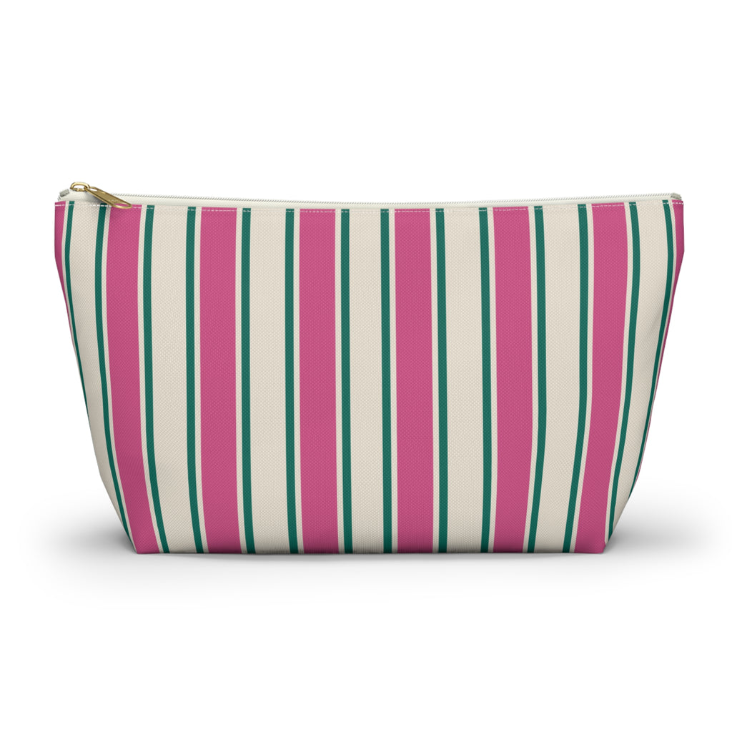 Pink Green Cream Striped makeup bag with T-bottom and gold zipper pull, front view