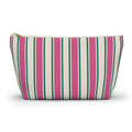 Pink Green Cream Striped makeup bag with T-bottom and gold zipper pull, front view