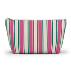 Pink Green Cream Striped makeup bag with T-bottom and gold zipper pull, front view