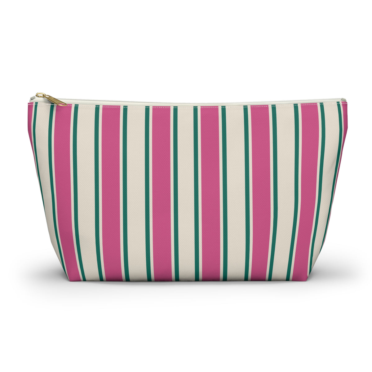 Pink Green Cream Striped makeup bag with T-bottom and gold zipper pull, front view