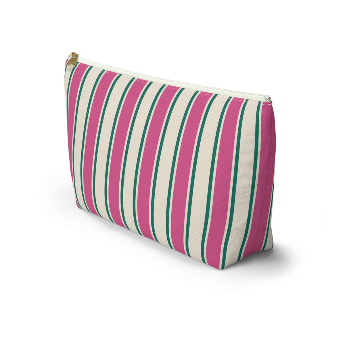Side view of the Pink Green Cream Striped makeup bag