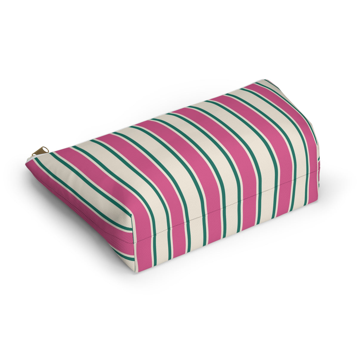 Angled view of the striped makeup bag lying on its side