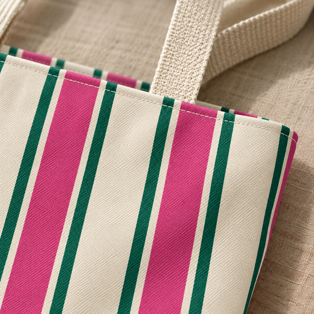 Close-up of the pink, green and cream stripes and the handle of the striped tote bag