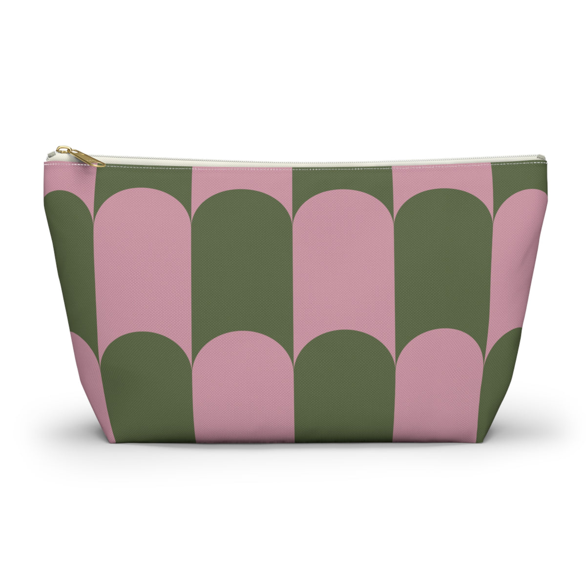 Pink green scallop makeup bag with gold zipper pull, front view
