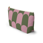 Side view of the pink green scallop makeup bag with flat T-shaped bottom