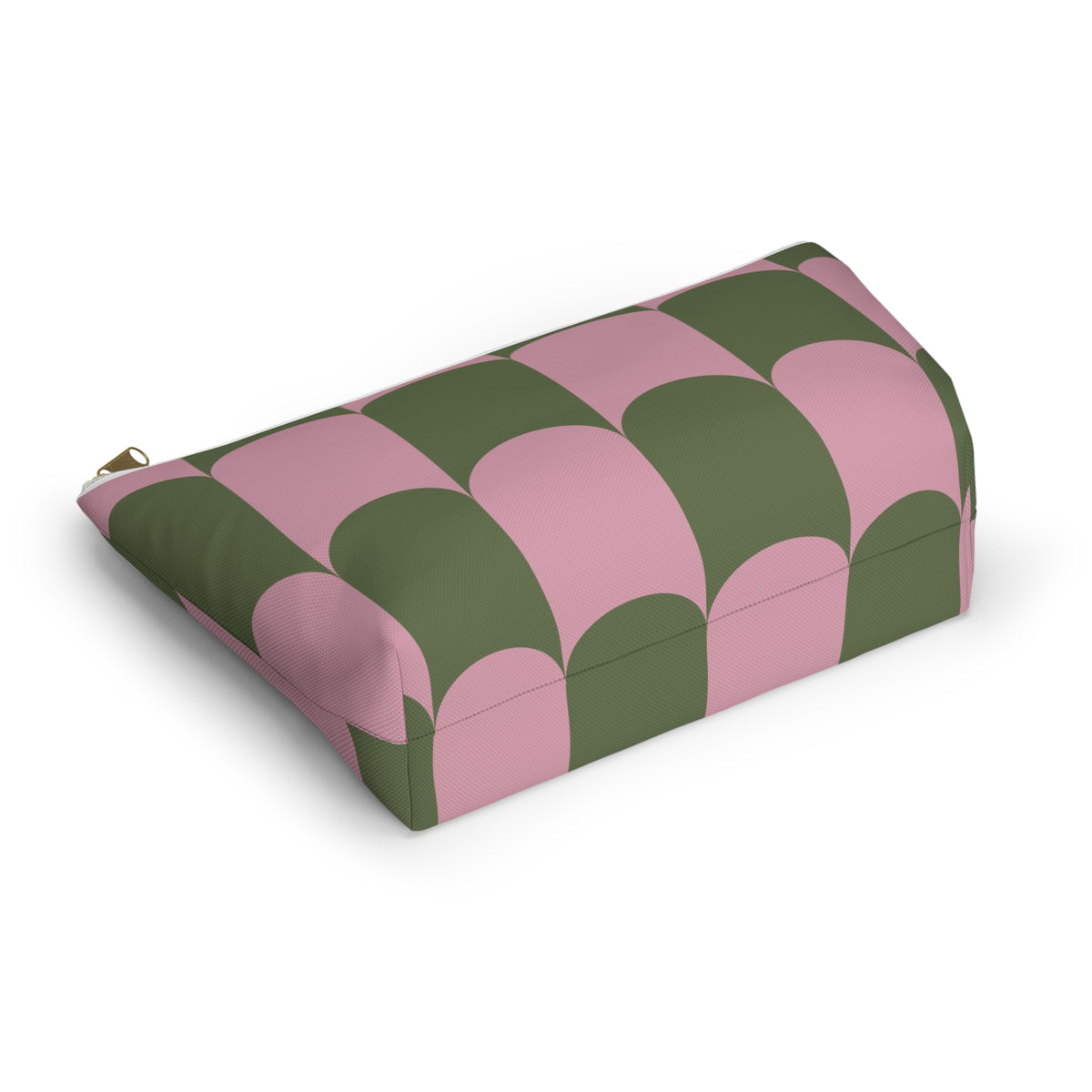 Pink green scallop makeup bag lying on its side in an angled view