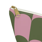 Close-up of the gold zipper pull on the pink green scallop makeup bag