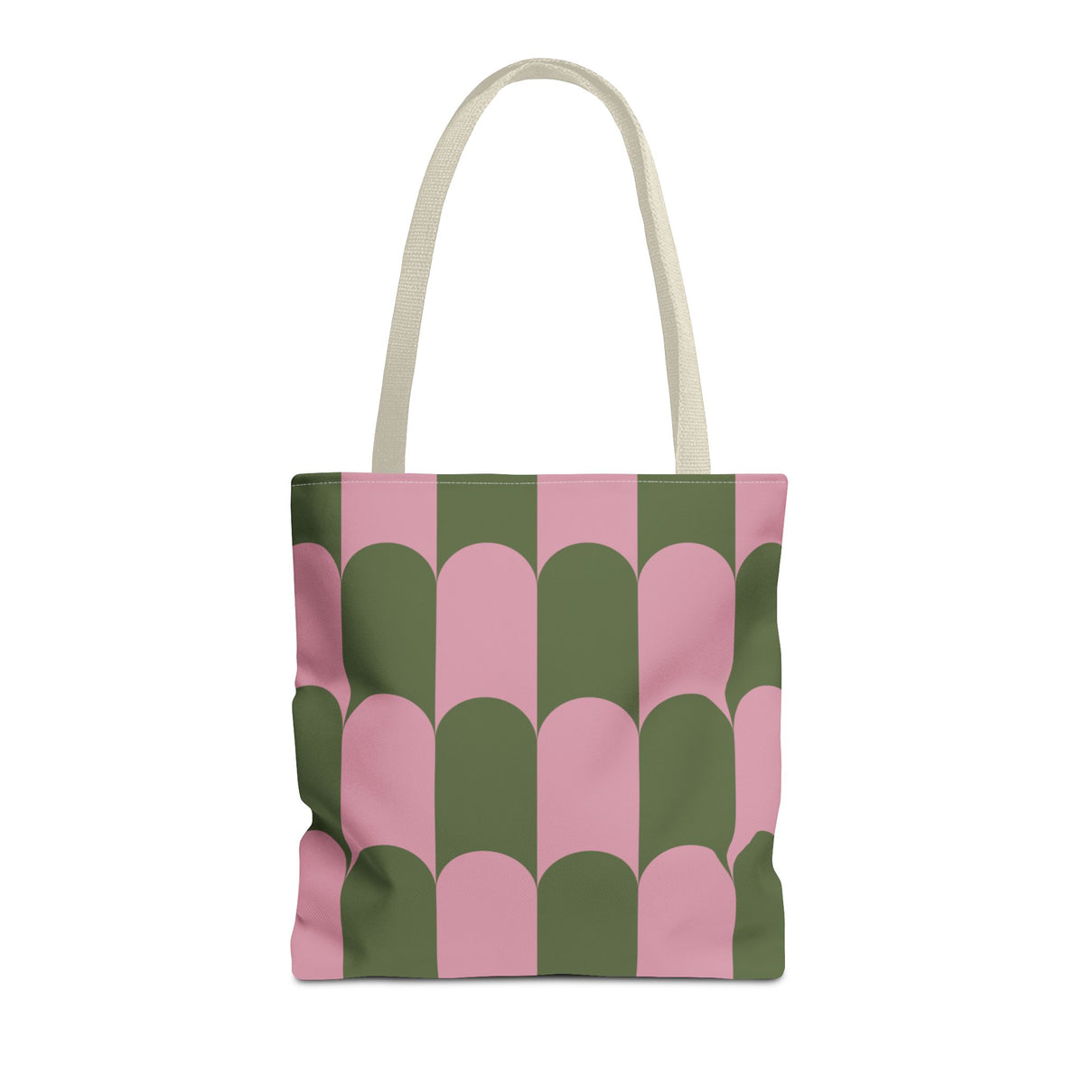 Pink green scallop tote bag with beige handles, front view on white background