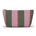 Pink green striped makeup bag with orange dash detail, front view