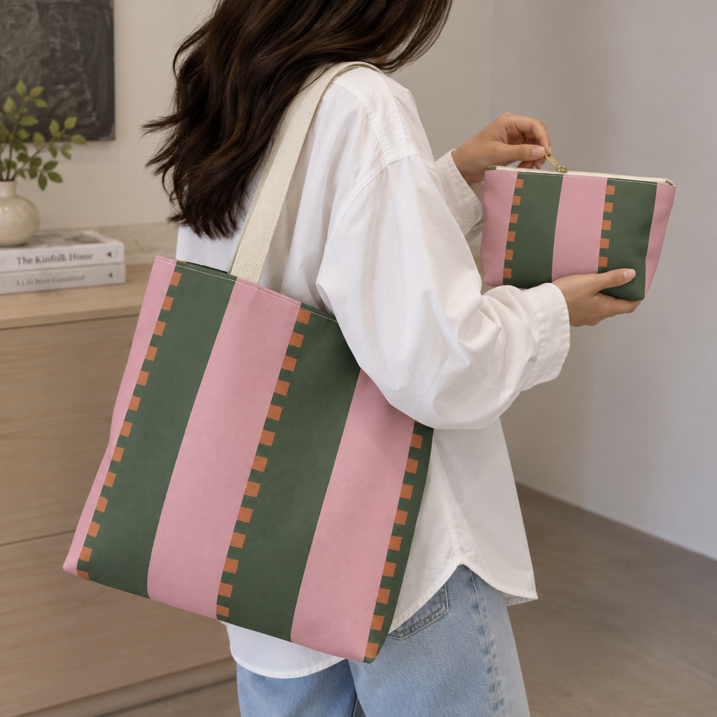 Pink green striped makeup bag carried with the matching tote bag
