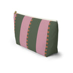 Side view of the pink green striped makeup bag