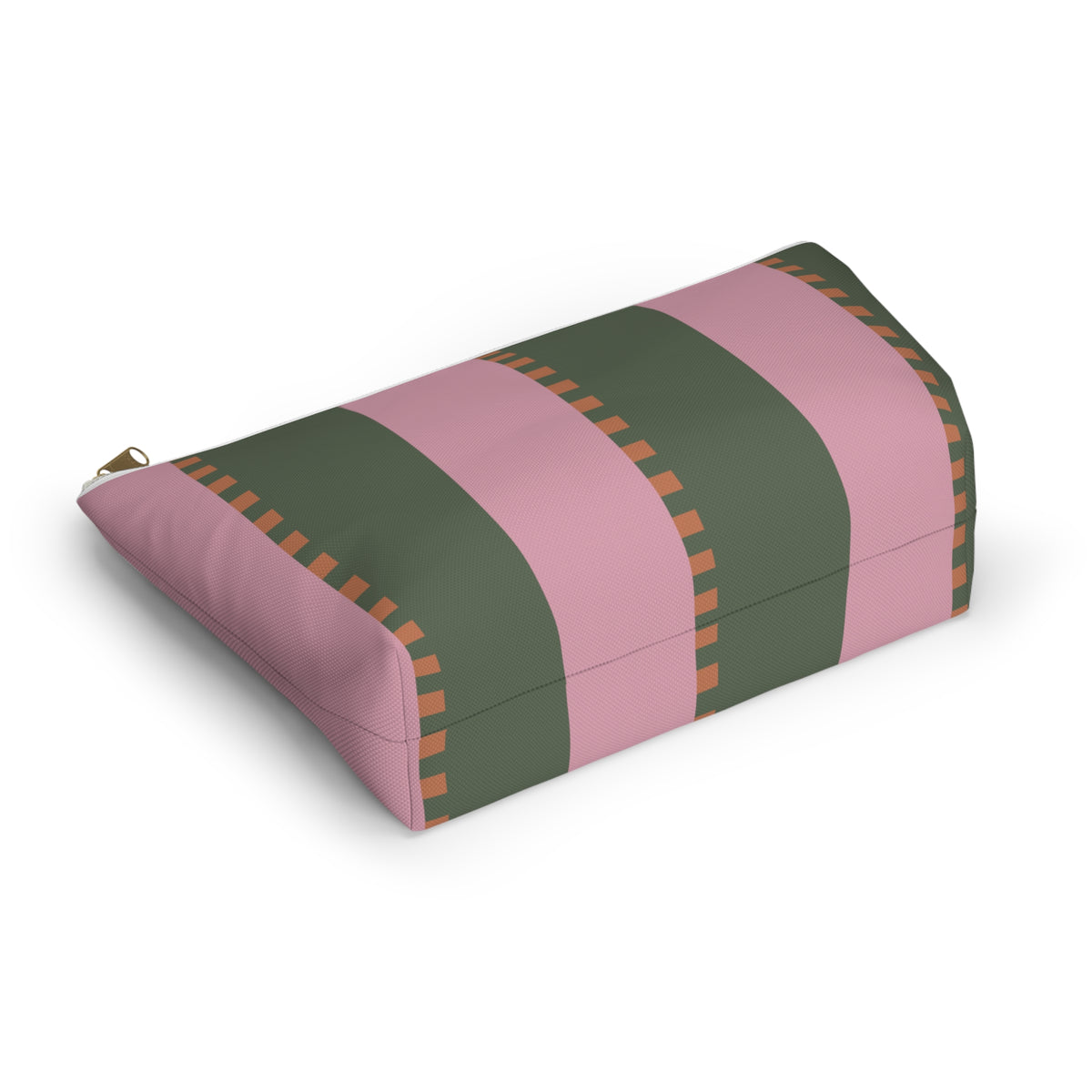 Pink green striped makeup bag lying flat showing the stripes