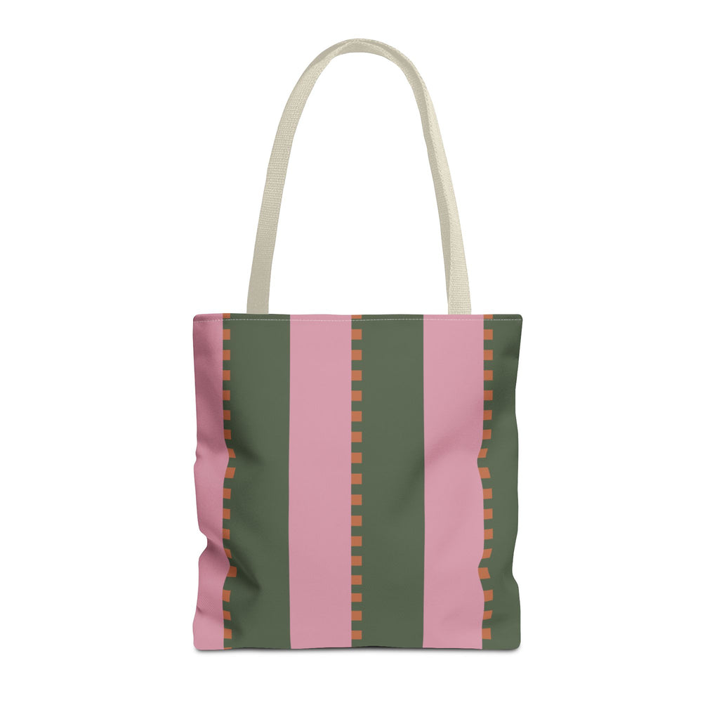 Pink green striped tote bag with orange dash detail, front view