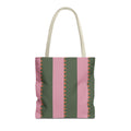 Pink green striped tote bag with orange dash detail, front view