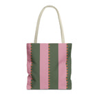 Pink green striped tote bag with orange dash detail, front view
