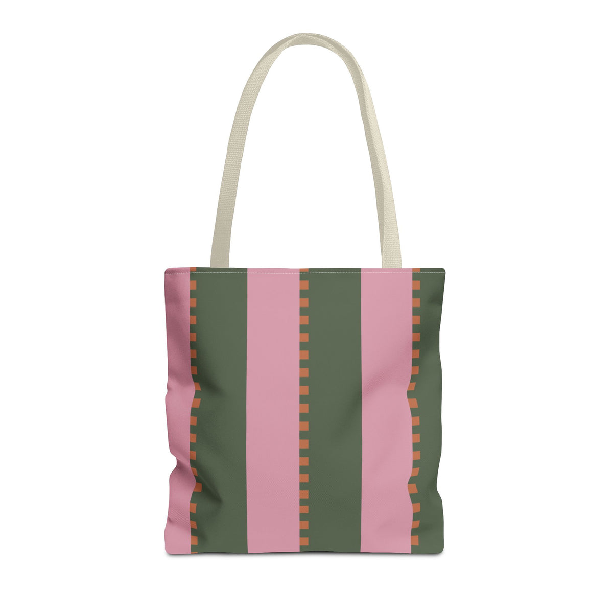 Pink green striped tote bag with orange dash detail, front view
