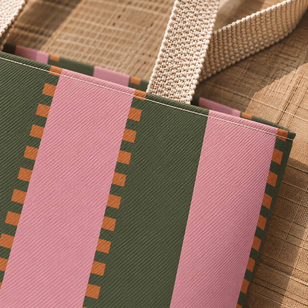 Close-up of pink and sage green stripes with orange dashes on a tote bag