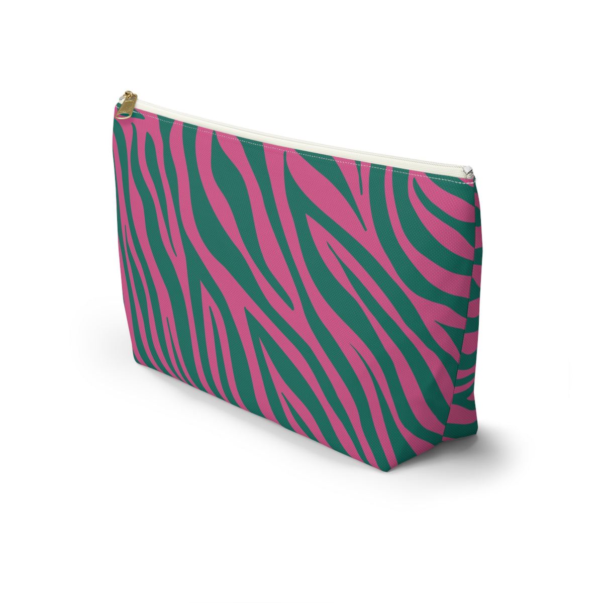 Zebra print makeup bag with T-shaped bottom seen from the side