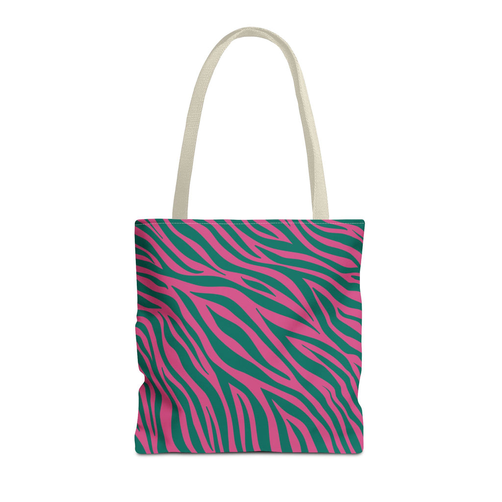 Pink green zebra print tote bag with cream handles on a white background