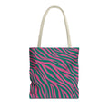 Pink green zebra print tote bag with cream handles on a white background
