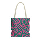 Pink green zebra print tote bag with cream handles on a white background
