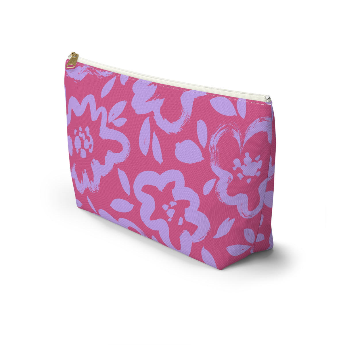 Side view of the pink lavender floral makeup bag with T-shaped bottom