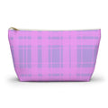 Pink and lavender plaid makeup bag with gold zipper pull on a white background