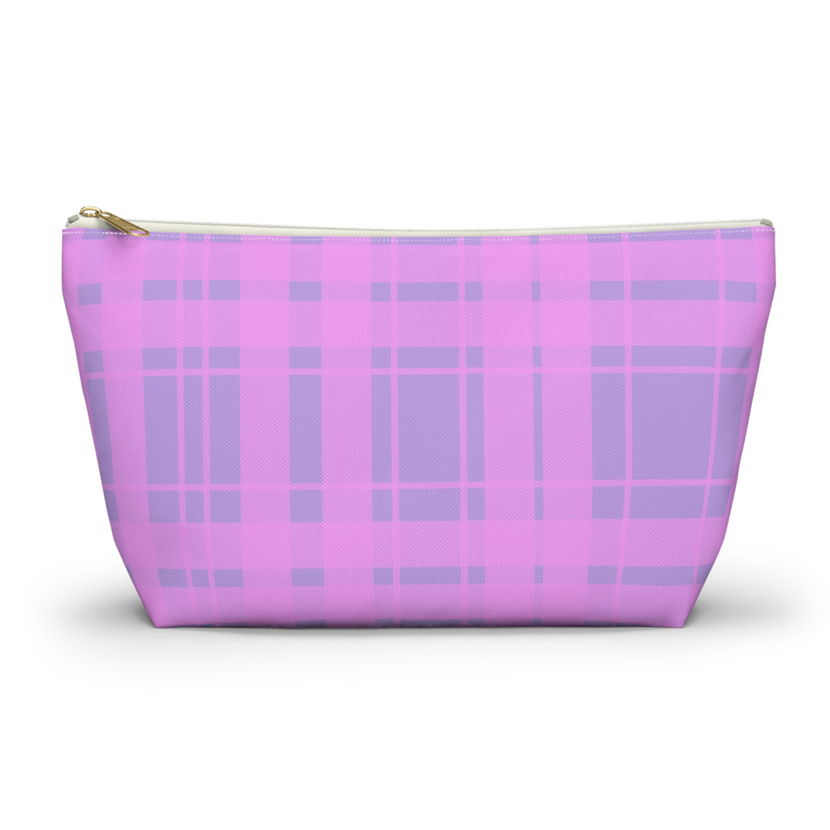 Pink and lavender plaid makeup bag with gold zipper pull on a white background