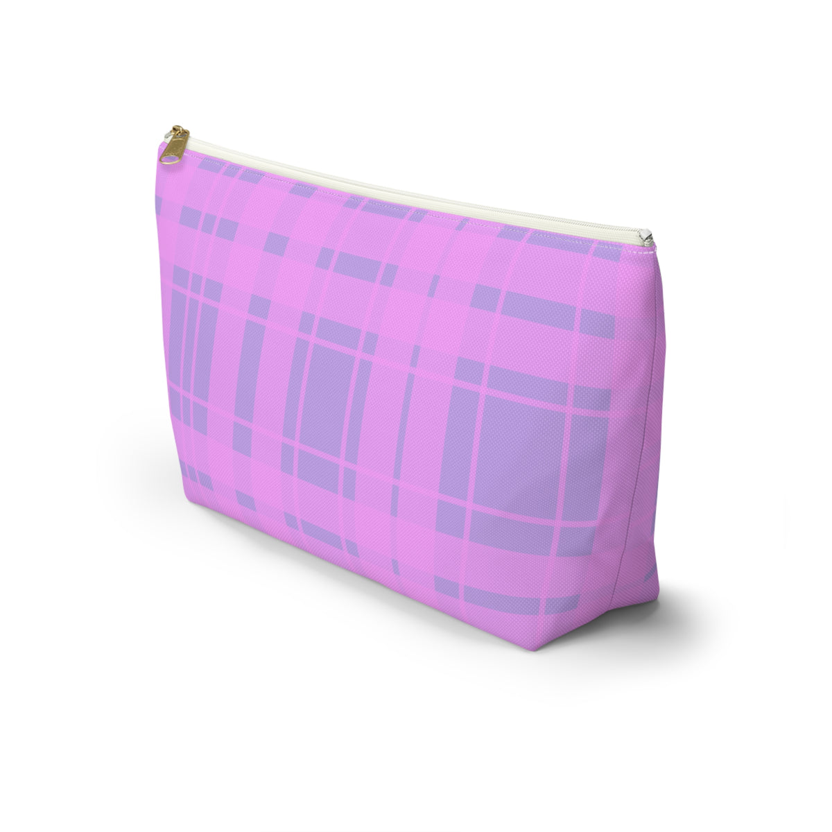 Side view of the pink lavender plaid makeup bag with T-shaped bottom