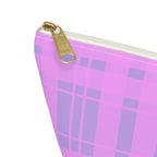Close-up of the gold zipper pull on the pink and lavender plaid makeup bag