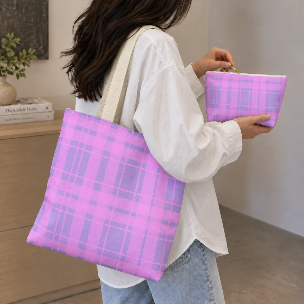 Pink lavender plaid tote bag carried with a matching plaid makeup bag