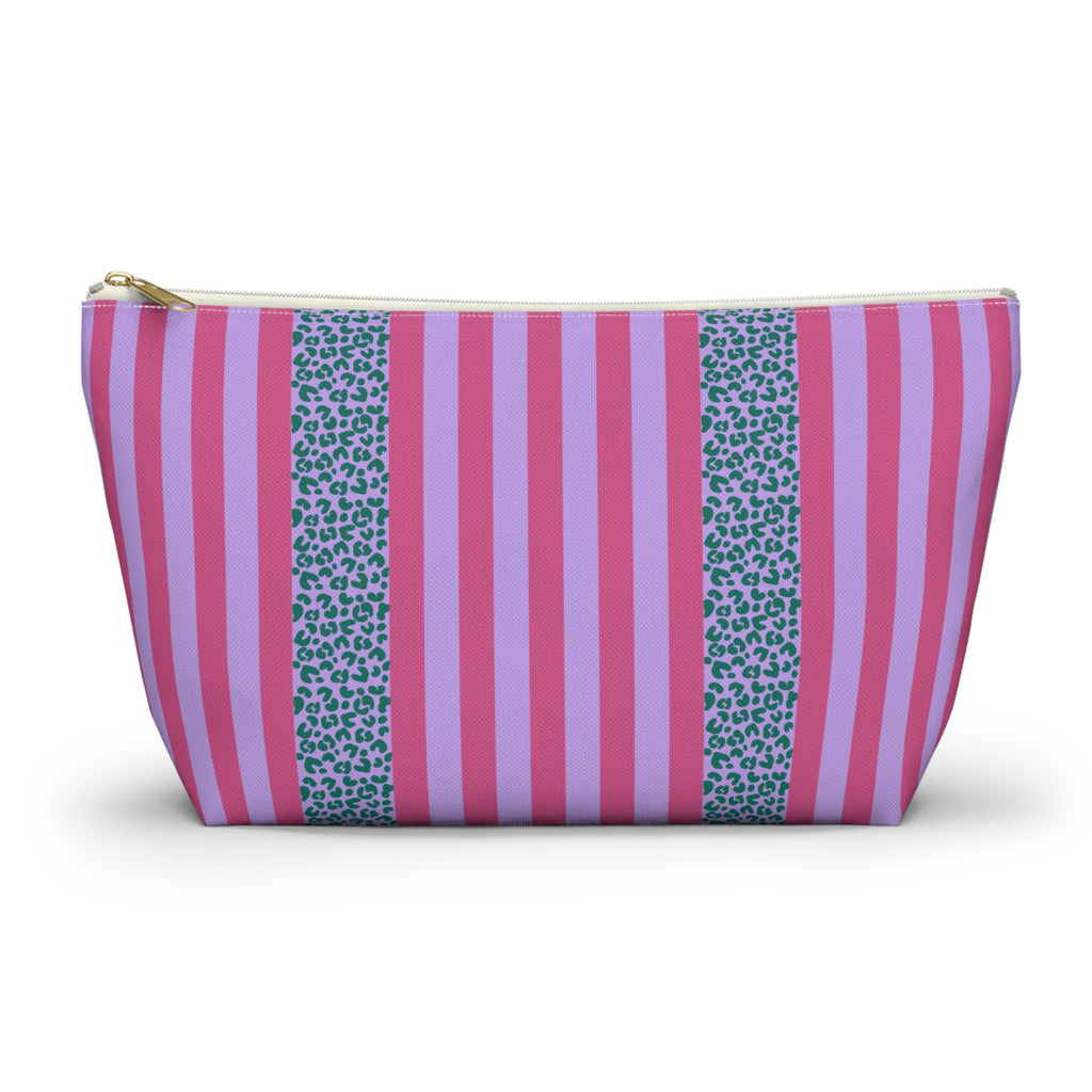 Pink Leopard Striped makeup bag with T-bottom and gold zipper pull, front view