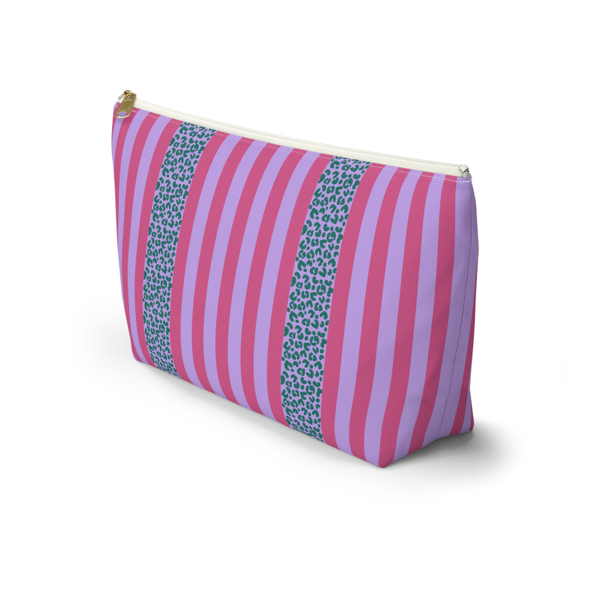 Side view of the Pink Leopard Striped makeup bag