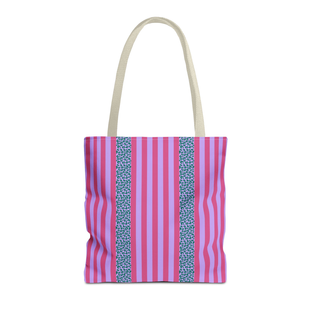 Pink Leopard Striped tote bag with beige handles, front view on white