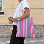 Woman walking with the Pink Leopard Striped tote bag and its blue leopard print panel