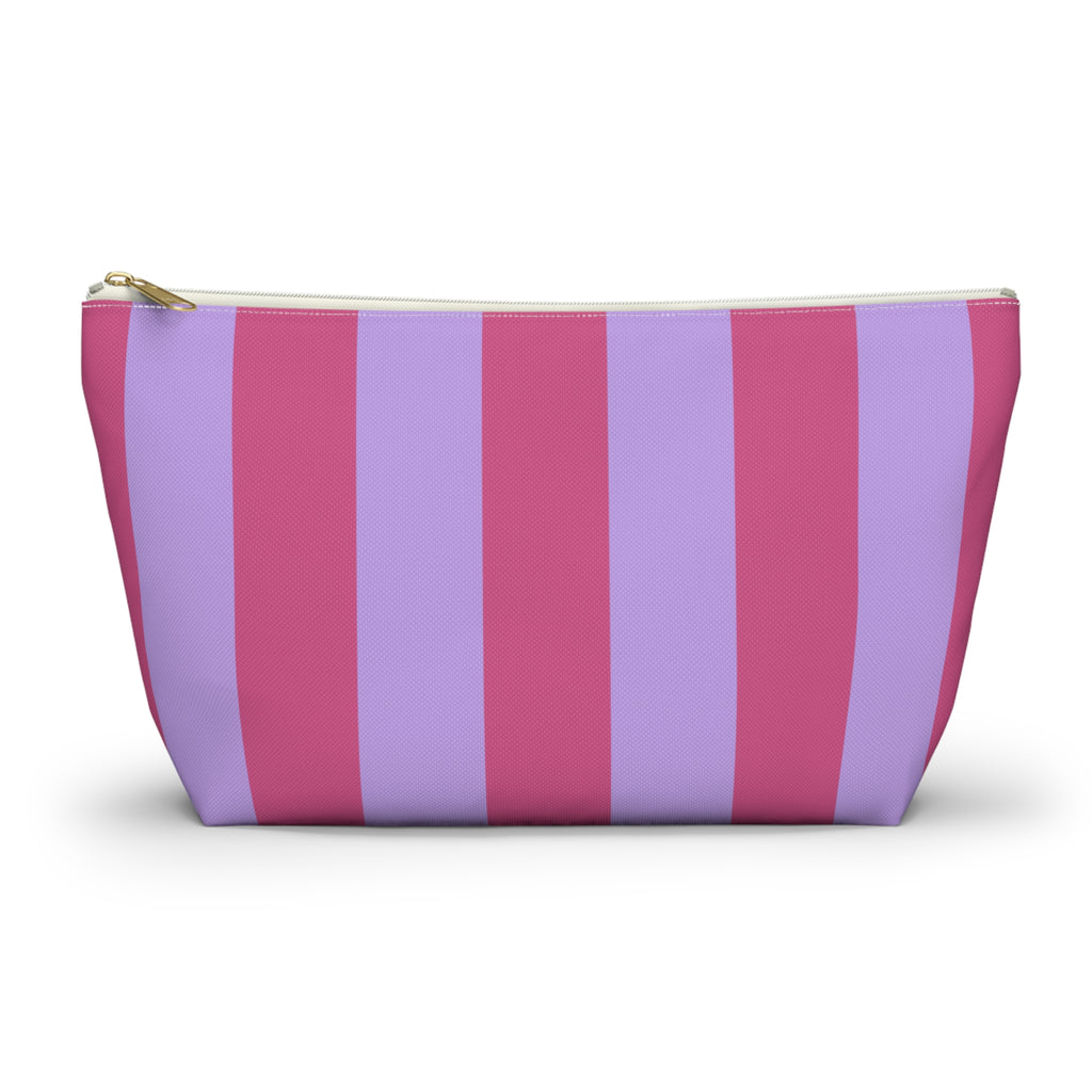 Pink Lilac Striped makeup bag with T-bottom and gold zipper pull, front view