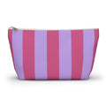Pink Lilac Striped makeup bag with T-bottom and gold zipper pull, front view