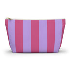 Pink Lilac Striped makeup bag with T-bottom and gold zipper pull, front view