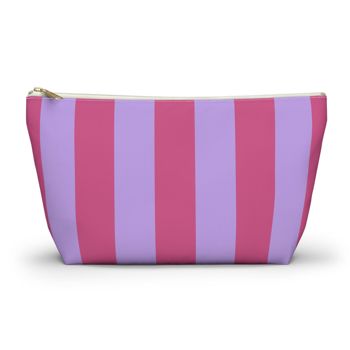 Pink Lilac Striped makeup bag with T-bottom and gold zipper pull, front view