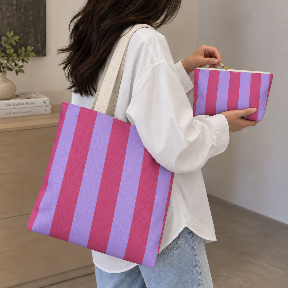 Woman carrying the matching tote bag and Pink Lilac Striped makeup bag