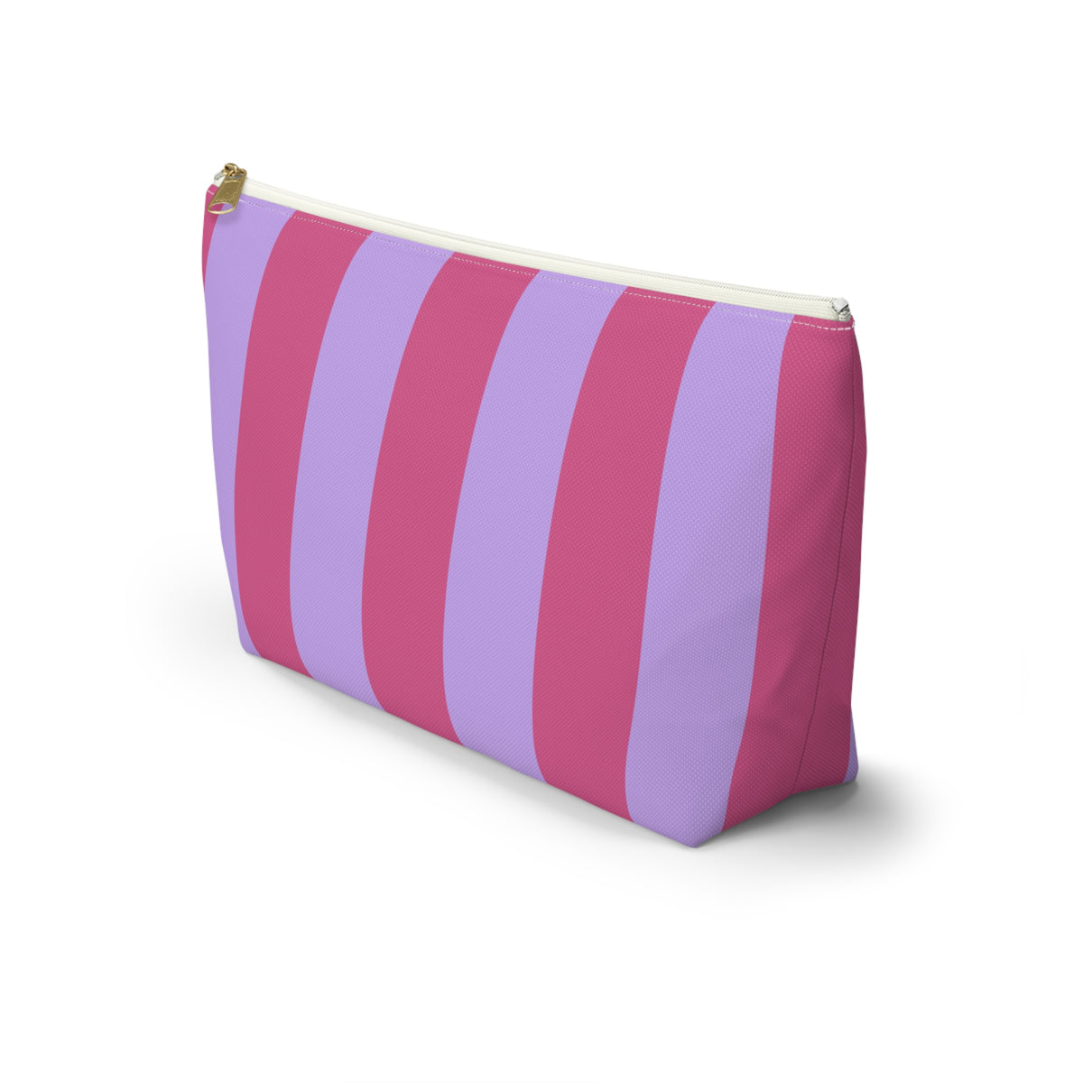 Side view of the Pink Lilac Striped makeup bag
