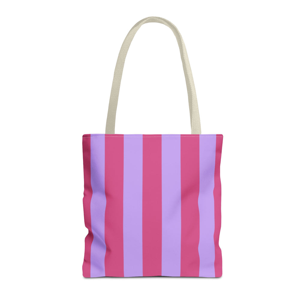 Pink Lilac Striped tote bag with beige handles, front view on white
