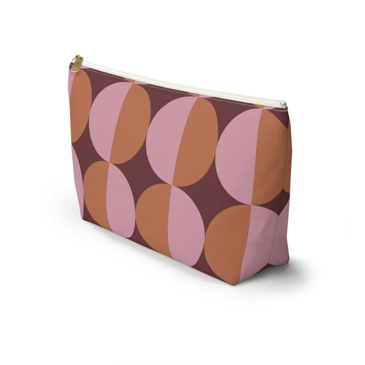 Side view of the pink orange geometric makeup bag