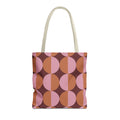Pink orange geometric tote bag with burgundy half circle print, front view