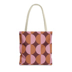 Pink orange geometric tote bag with burgundy half circle print, front view
