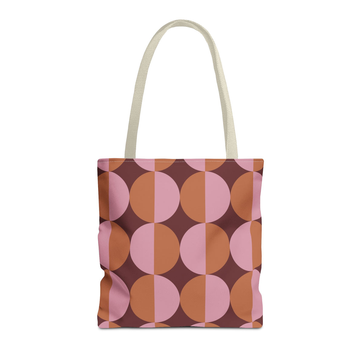 Pink orange geometric tote bag with burgundy half circle print, front view