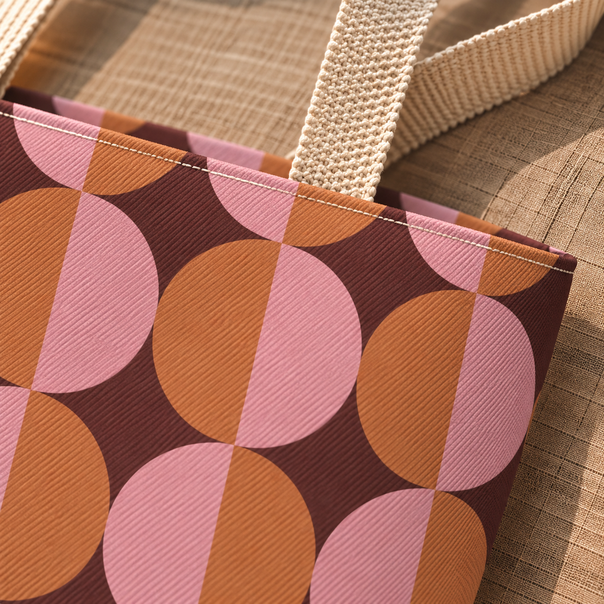Close-up of pink, orange and burgundy half circle geometric print on a tote bag