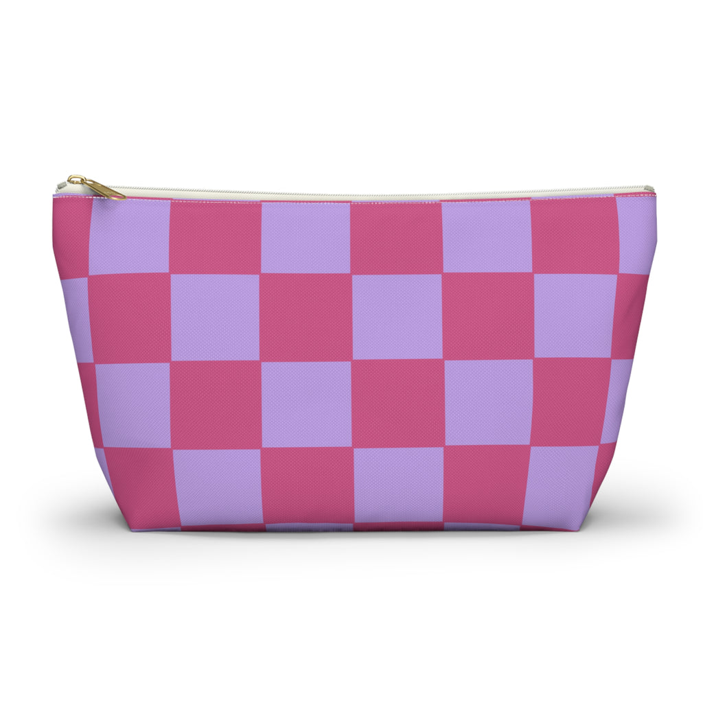 Pink purple checkered makeup bag front view on white background
